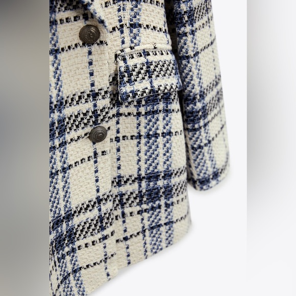 Zara Ecru & Blue Double Breasted Textured Weave Blazer Jacket - Picture 16 of 16